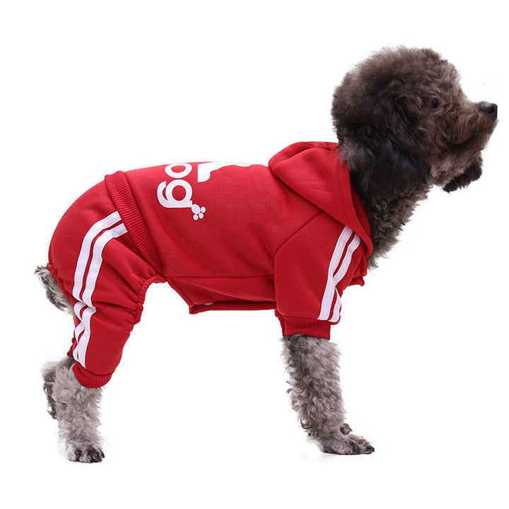 Red autumn winter pet sweater clothing for dogs with a hoodie and stylish stripes.