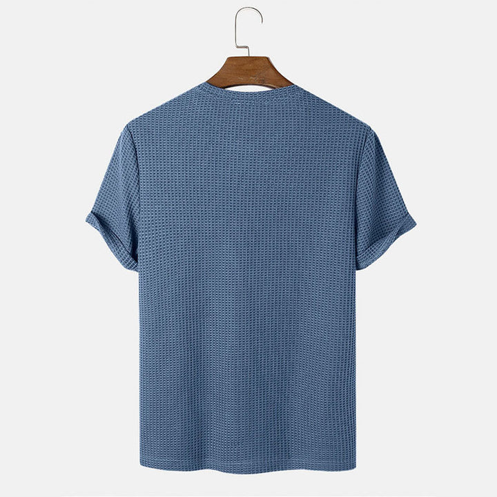 Men summer solid color t-shirts in blue, back view on hanger, designed for comfort and style.