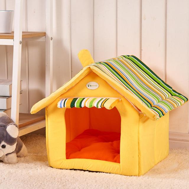 Adword & seo keyword permutation generator - vibrant yellow pet house bed with striped roof for comfort and style.