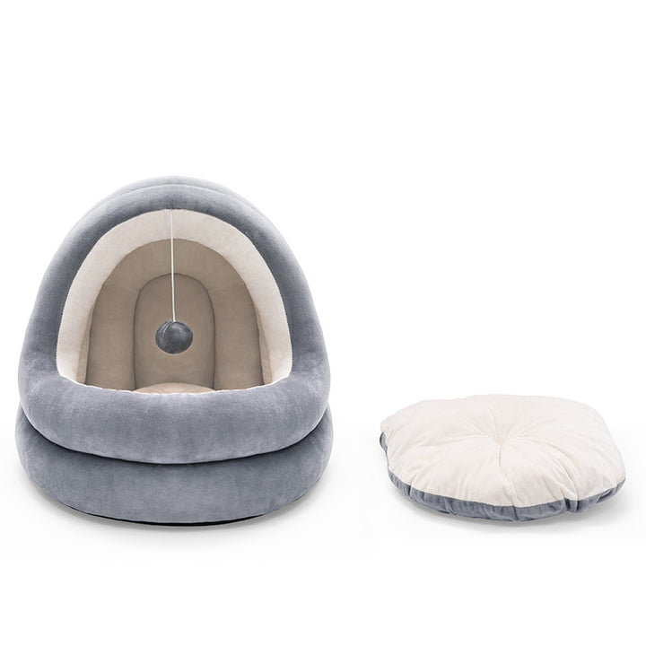 high quality cat house beds in gray with soft cushioning and a hanging toy for comfort and fun.