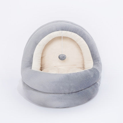 high quality cat house beds in plush gray fabric with cozy interior for cats and small dogs.