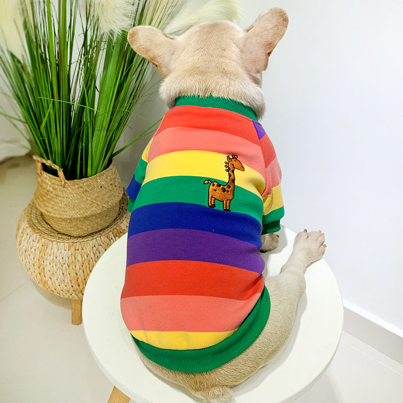 plush thickened rainbow pet clothing on a dog featuring colorful stripes and a cute giraffe design.
