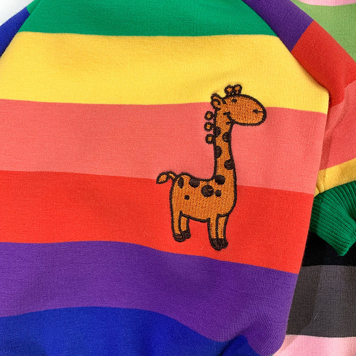 plush thickened rainbow pet clothing featuring a cute giraffe design on colorful stripes