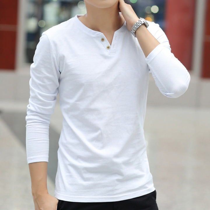 autumn linen long sleeve t shirts in white color worn by a model outdoors, showcasing a stylish casual look.