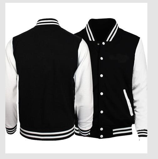 Men's baseball jacket in black and white with classic design and striped cuffs, perfect for casual outings.