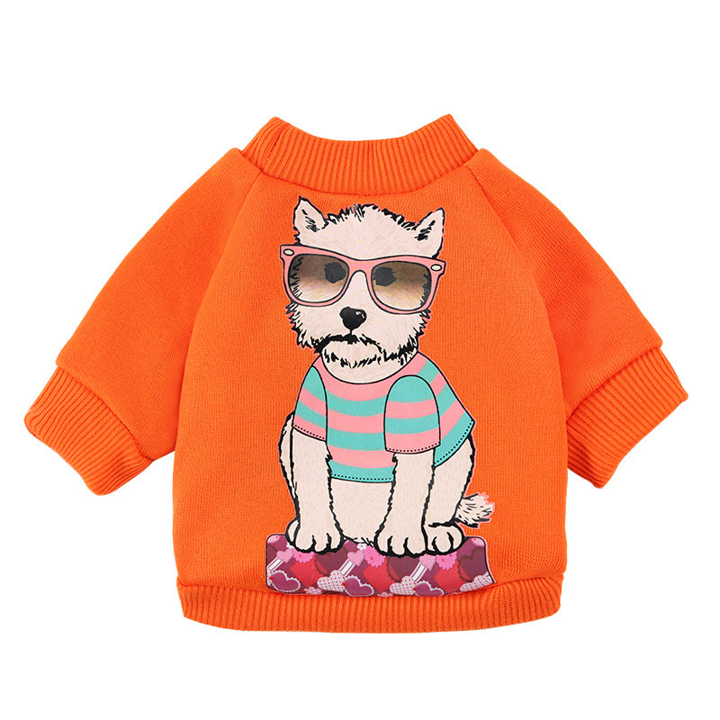 Dog leisure sweaters for pets featuring an orange sweater with a cool dog wearing sunglasses.