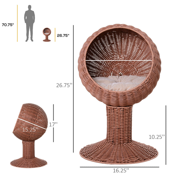 elevated rotatable cat bed with dimensions showcased, designed for feline comfort and observation.