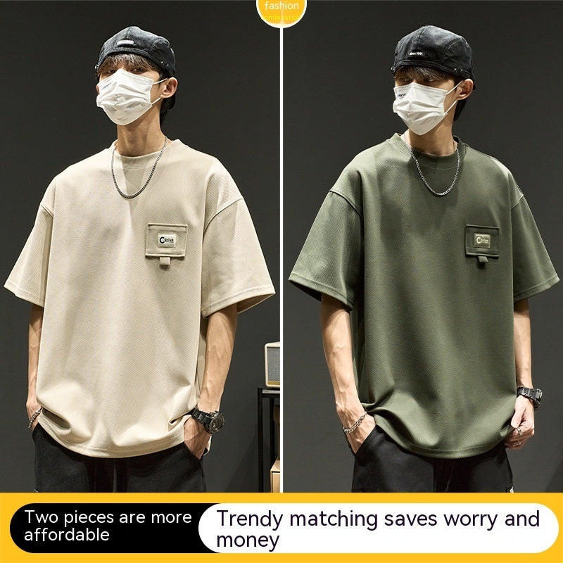waffle short sleeve men's summer shirt in beige and green, featuring trendy styles for modern casual wear.