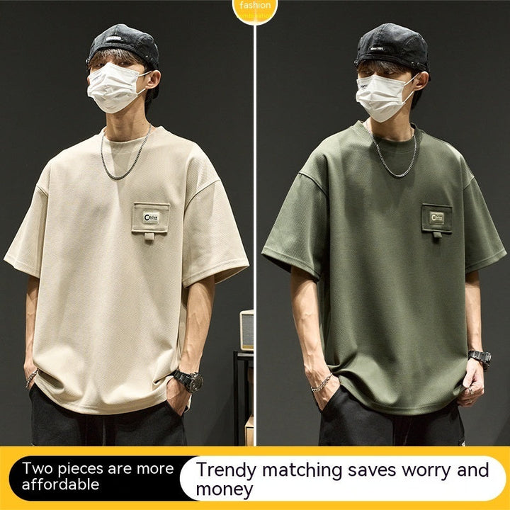 waffle short sleeve men's summer shirt in beige and green, featuring trendy styles for modern casual wear.