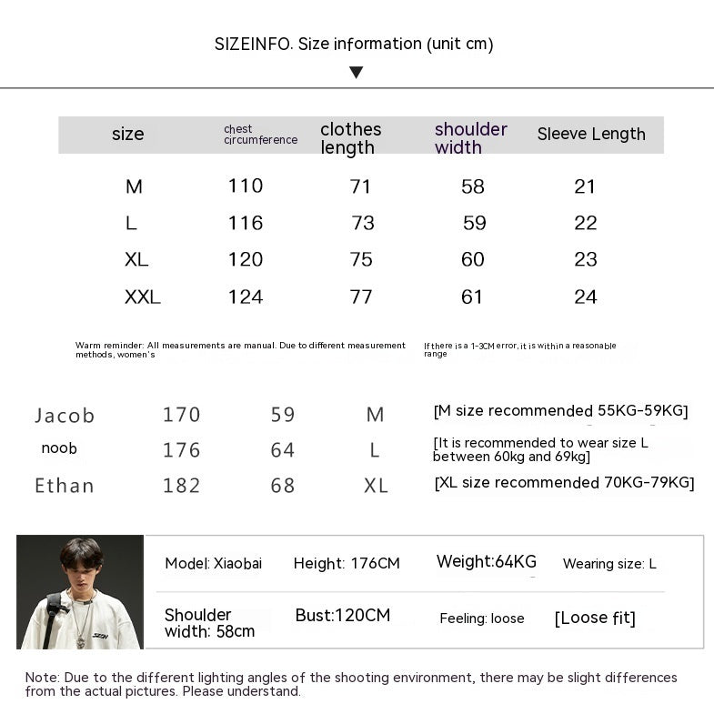 Size information chart for waffle short sleeve men's summer shirt with measurements for M, L, XL, and XXL.