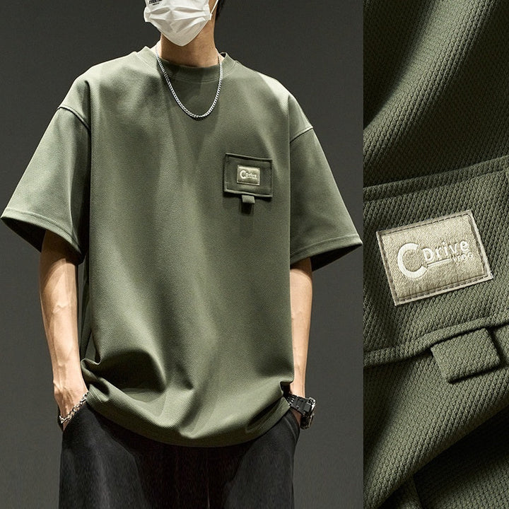 waffle short sleeve men's summer shirt in olive green with stylish design and pocket detail