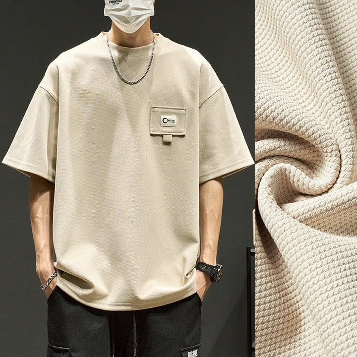 Waffle short sleeve men's summer shirt in beige, featuring a pocket design and textured material, perfect for warm weather.