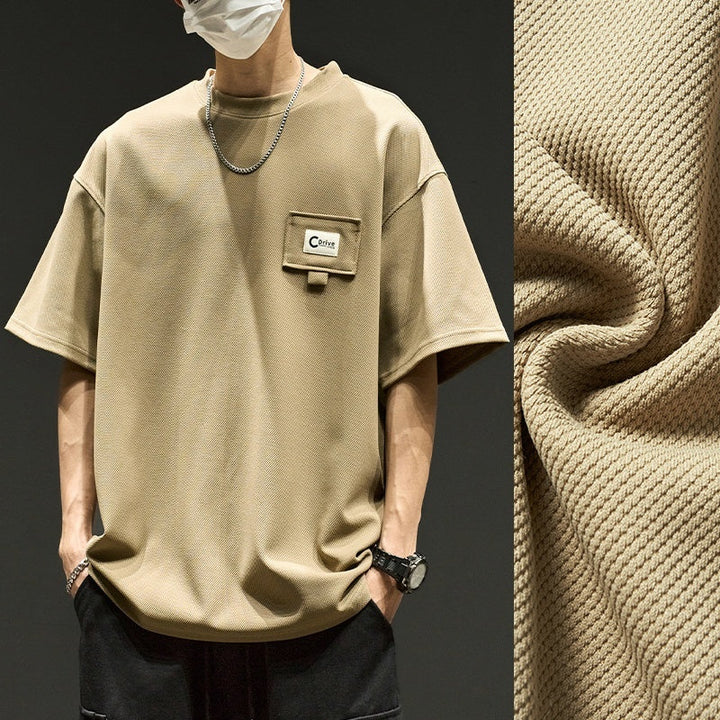 Waffle short sleeve men's summer shirt in beige color showcasing its unique pattern and texture.