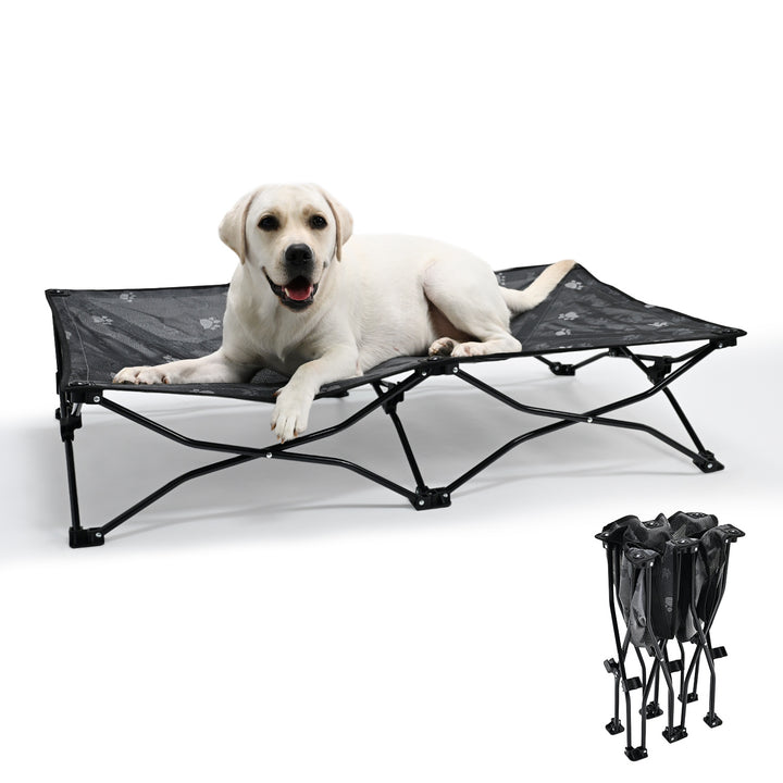 Large foldable dog bed with a dog comfortably resting on it, showcasing portability and comfort.