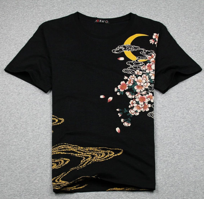 unique embroidered t-shirts collection featuring floral design and crescent moon on a black background