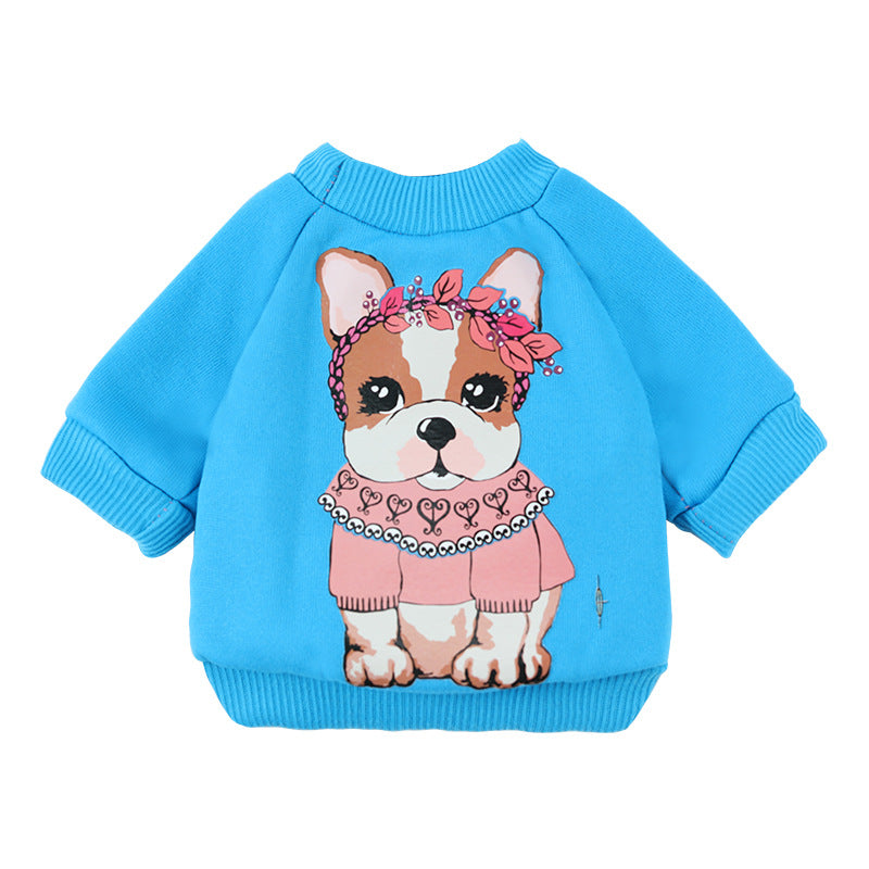 Dog leisure sweaters for pets featuring a blue design with a cute dog graphic wearing a pink sweater.