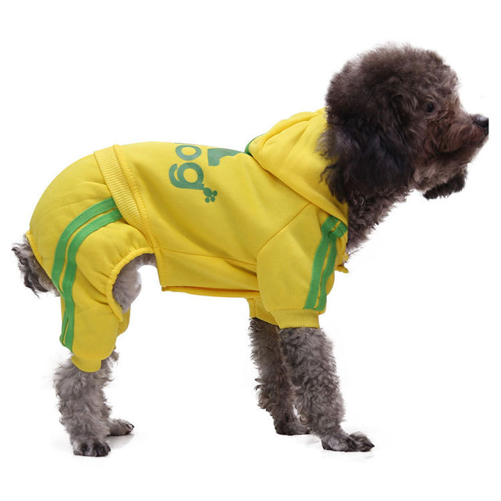 Autumn winter pet sweater clothing in yellow for dogs featuring a hood and casual design.