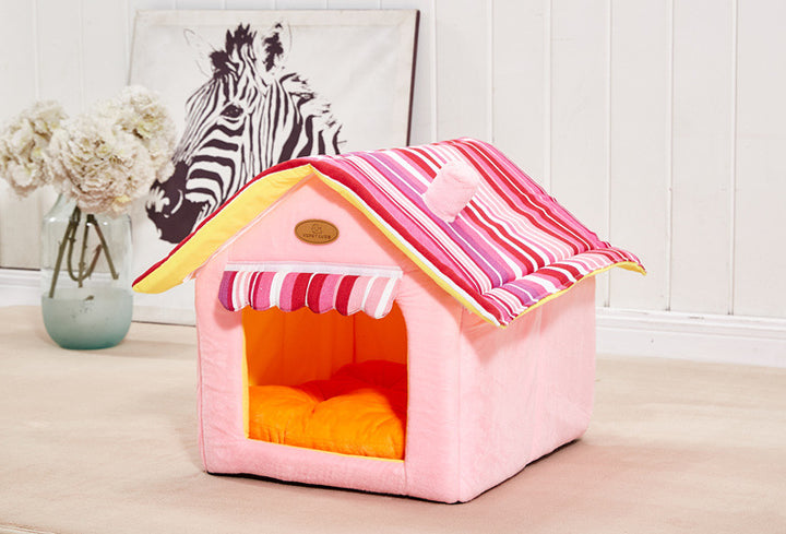 Adword & SEO keyword permutation generator pet house bed with a colorful striped roof, perfect for pet care.