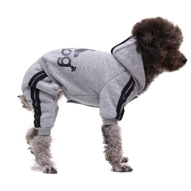 autumn winter pet sweater clothing for small dogs in gray with a hood and striped design.