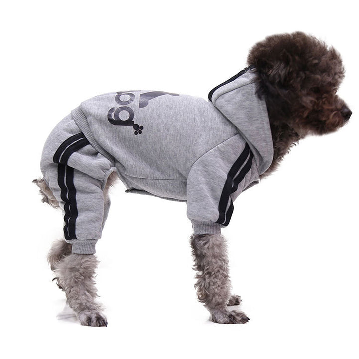 autumn winter pet sweater clothing for small dogs in gray with a hood and striped design.