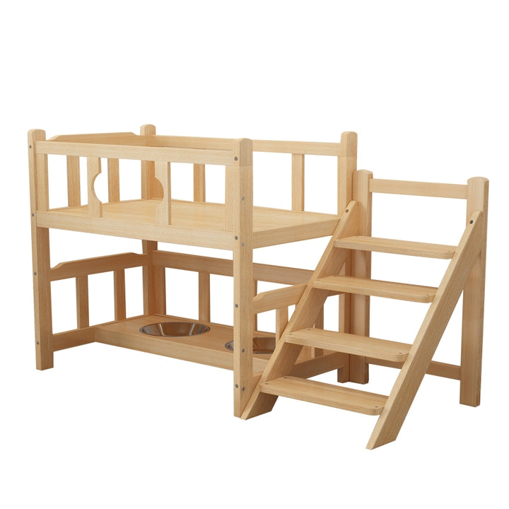 diy nightstand pet bed made from wood with stairs and feeding bowls
