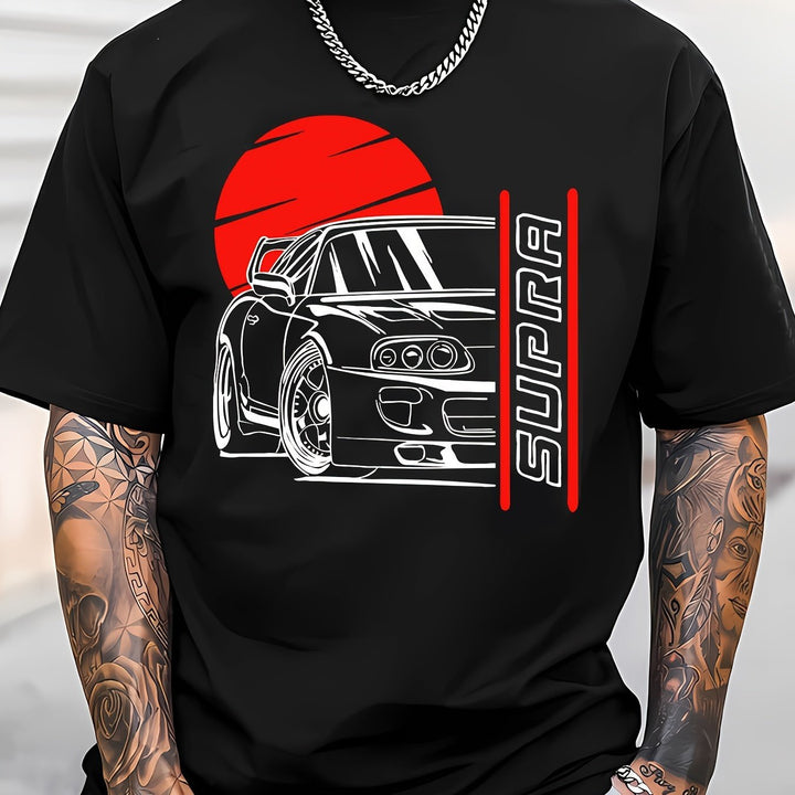 car printed summer t-shirt featuring a retro car design and bold graphics on a black background.