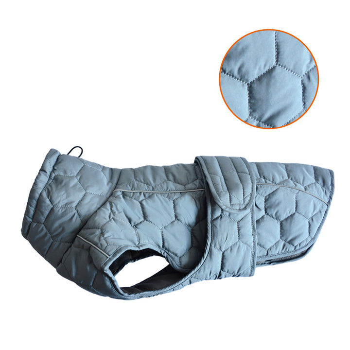 Thickened winter dog clothing in light blue with quilted design for warmth and comfort during cold weather.