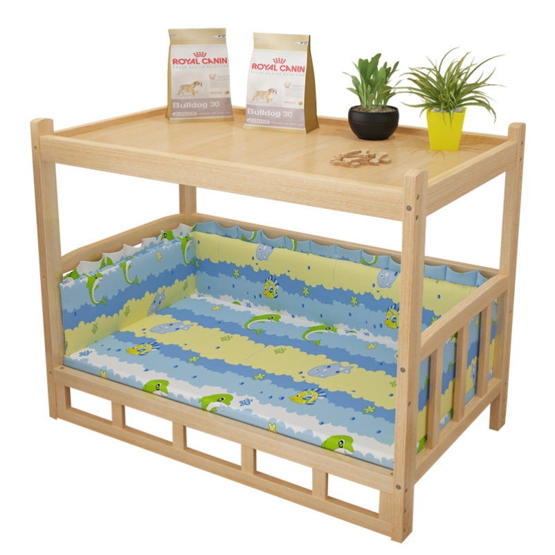 diy nightstand pet bed featuring a wooden frame and colorful cushioned bedding for pets.