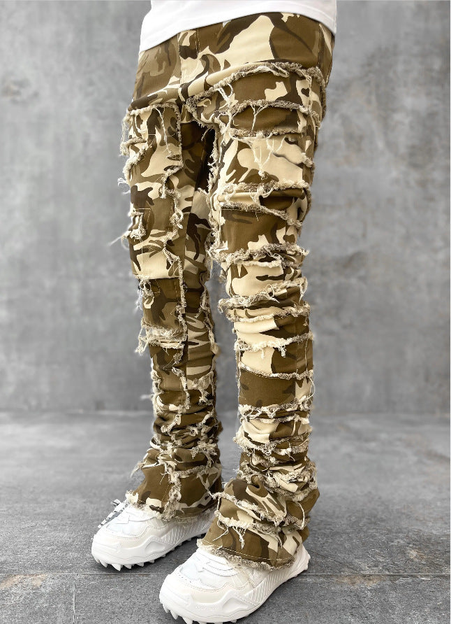 Men Trousers Individual Patched Pants Long Tight Fit Stacked Jeans