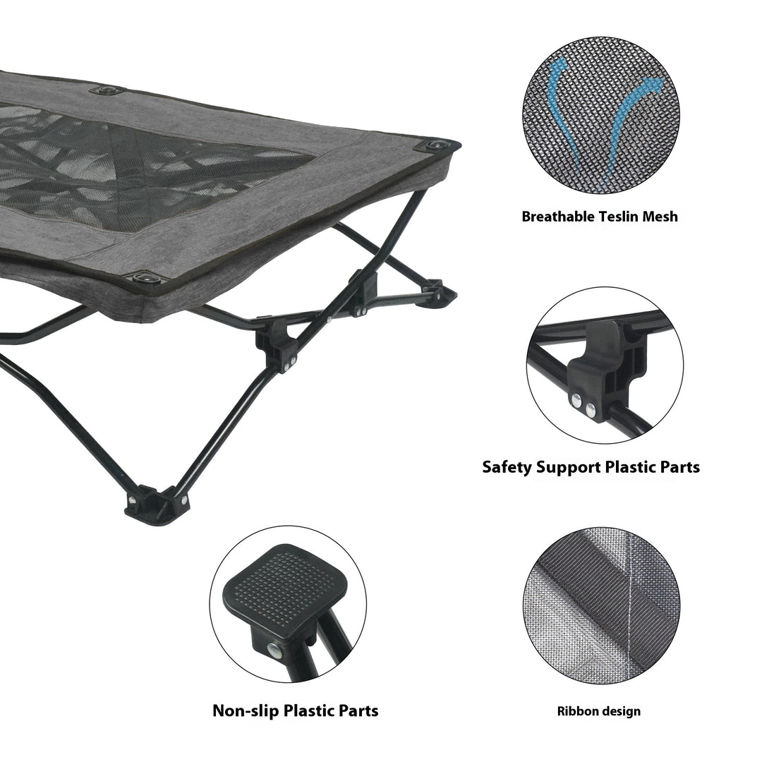 Large foldable dog bed showing breathable Teslin mesh and safety support plastic parts.