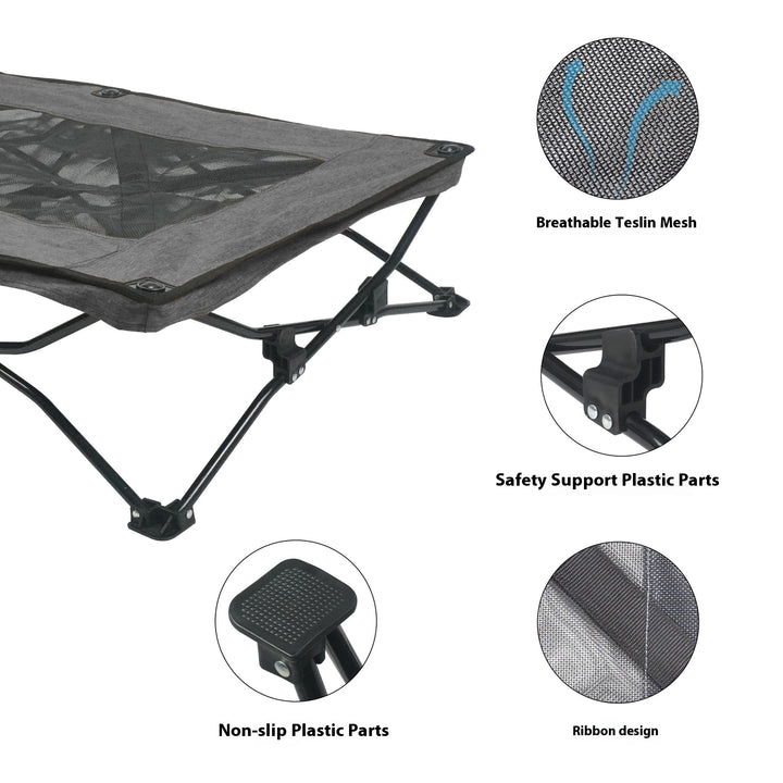 Large foldable dog bed showing breathable Teslin mesh and safety support plastic parts.