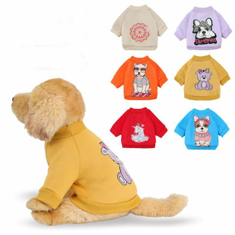 Dog leisure sweaters for pets in various colors and designs on a plush pet model.