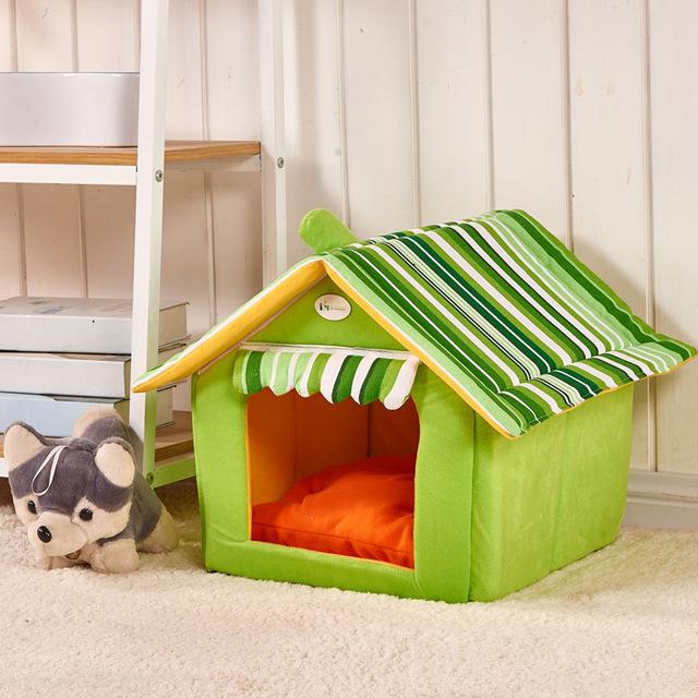 Adword & seo keyword permutation generator: green pet house bed with striped roof design and plush toy beside.