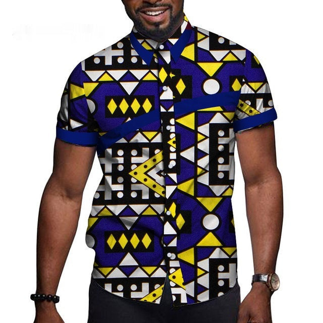 Men's cotton short-sleeved t-shirt featuring vibrant geometric patterns and colors.