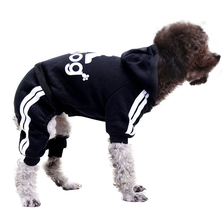 Stylish autumn winter pet sweater clothing for dogs, black hoodie with white stripes designed for warmth and comfort.