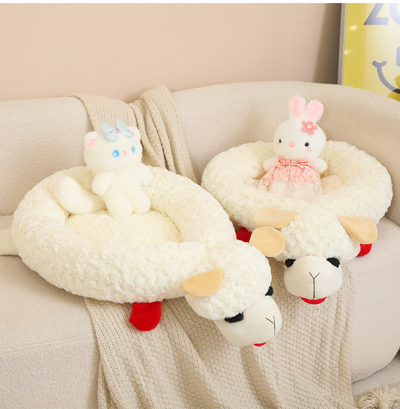 Plush dog cat mattress featuring soft, cozy beds with cute animal plush toys for pets to relax comfortably.