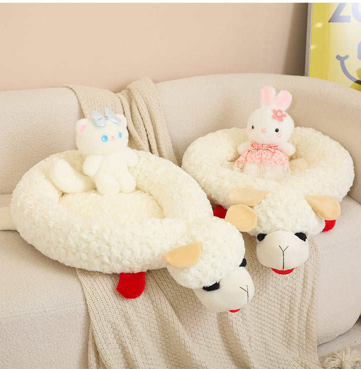 Plush dog cat mattress featuring soft, cozy beds with cute animal plush toys for pets to relax comfortably.
