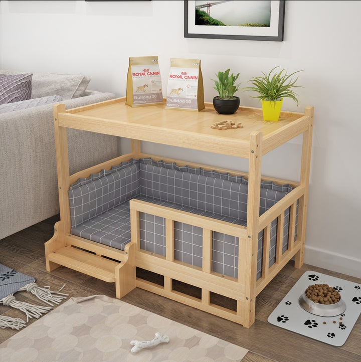 diy nightstand pet bed featuring a stylish wooden design with gray bedding and stairs for pet access