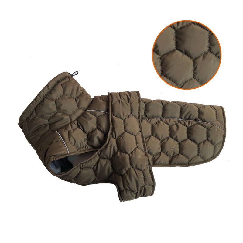 Thickened winter dog clothing in olive green color, designed for warmth and comfort during cold months.