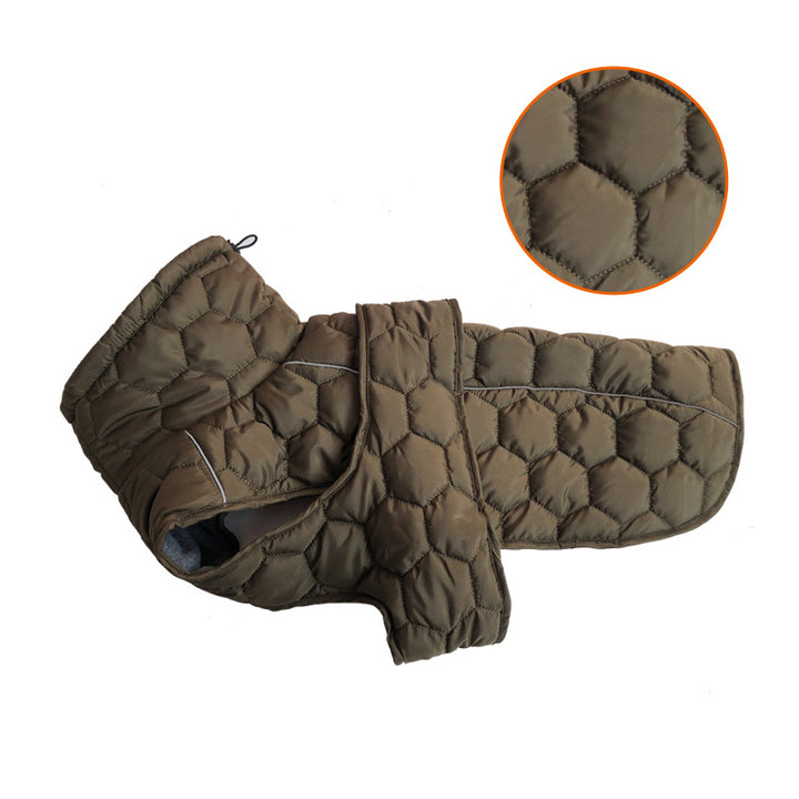 Thickened winter dog clothing in olive green color, designed for warmth and comfort during cold months.