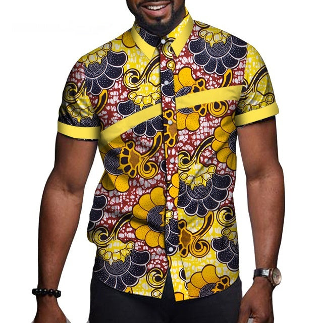 Men's cotton short-sleeved t-shirt with vibrant floral design and yellow accents for casual occasions.