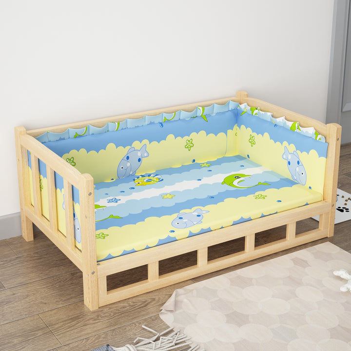 DIY nightstand pet bed with a blue and yellow design featuring fish and a cozy wooden frame.
