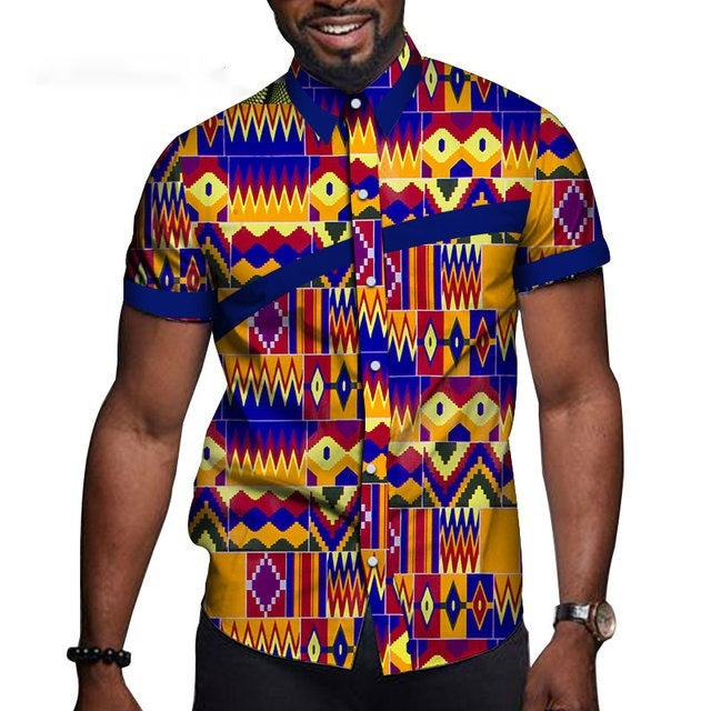 Men's cotton short-sleeved t-shirt featuring a vibrant patterned design in bold colors.