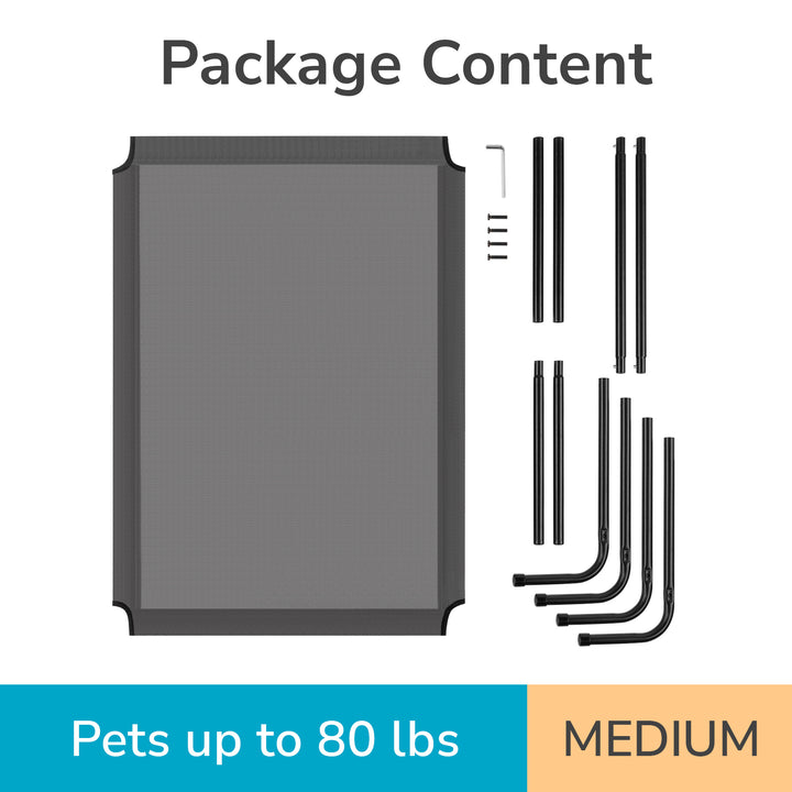 Package content for elevated cooling dog bed, including bed frame and assembly parts for pets up to 80 lbs.