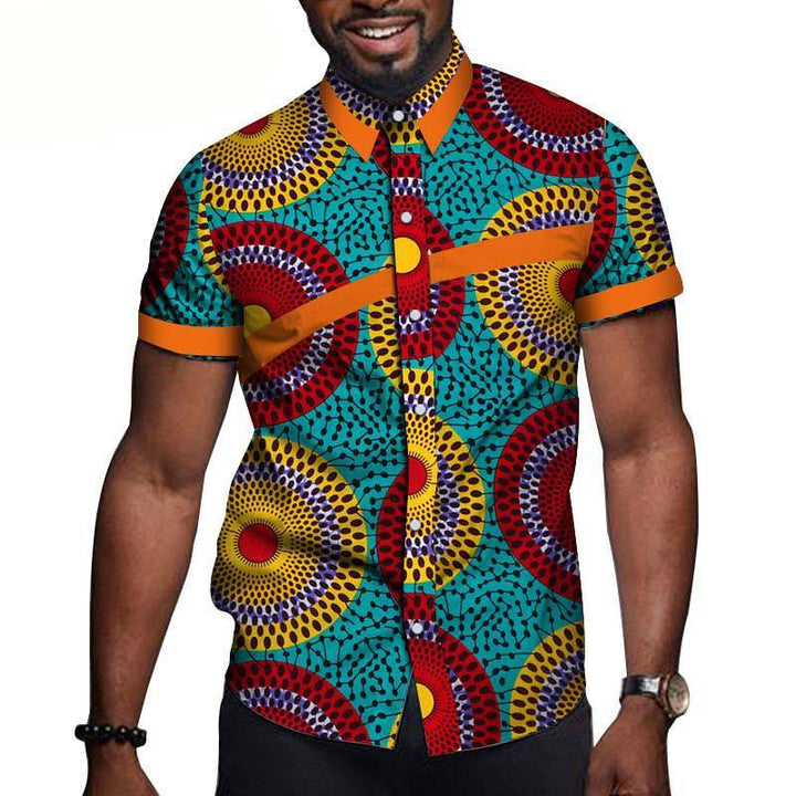 Men's cotton short-sleeved t-shirt featuring a vibrant multi-colored geometric pattern.