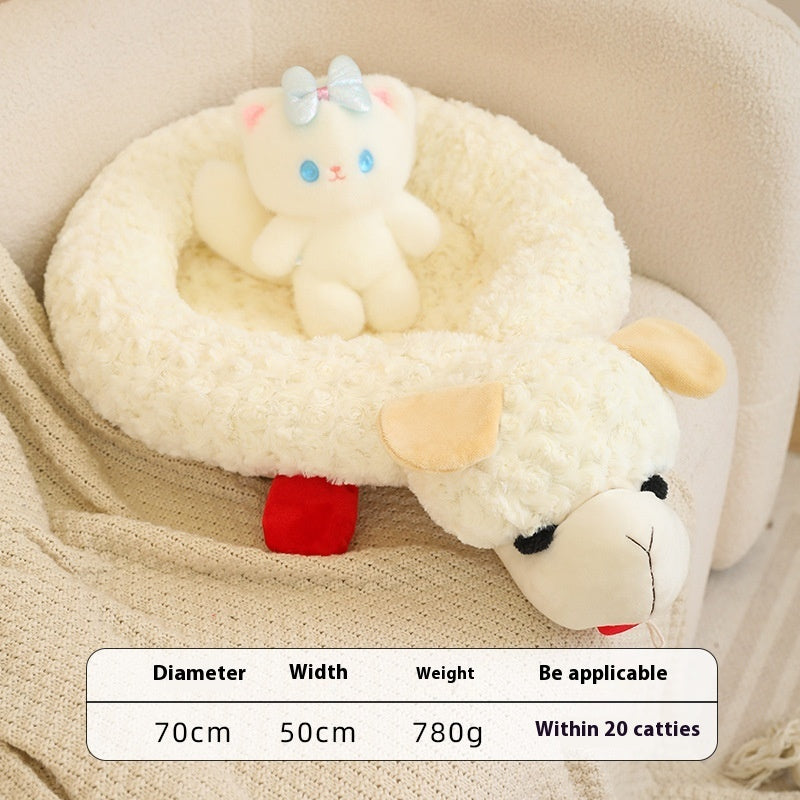 Soft plush dog cat mattress with a cute toy on top, 70X50cm, perfect for pets, featuring a sheep design.