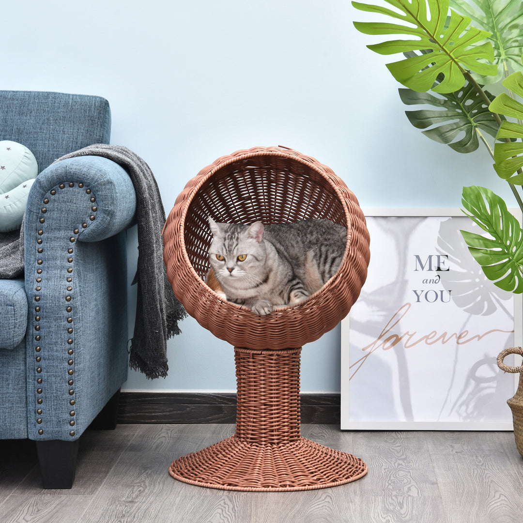 Elevated rotatable cat bed with a cozy cat lounging inside near a sofa and plants.