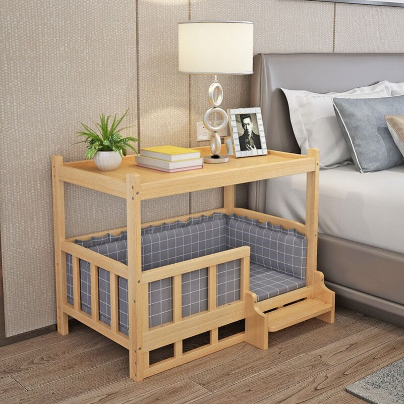 diy nightstand pet bed featuring a wooden frame with a cozy gray-checkered bedding underneath a lamp.