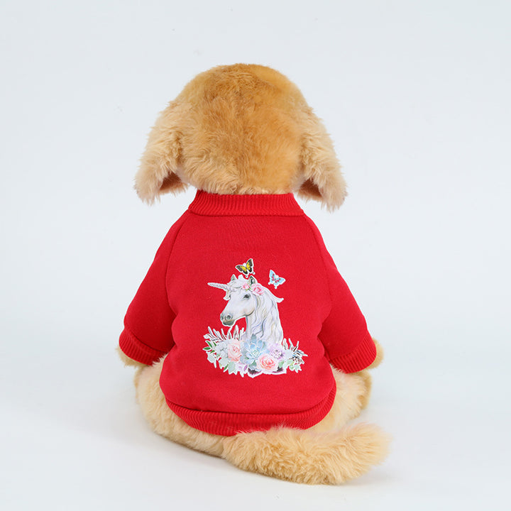 Dog leisure sweaters for pets in red with a unicorn design, perfect for stylish furry friends.