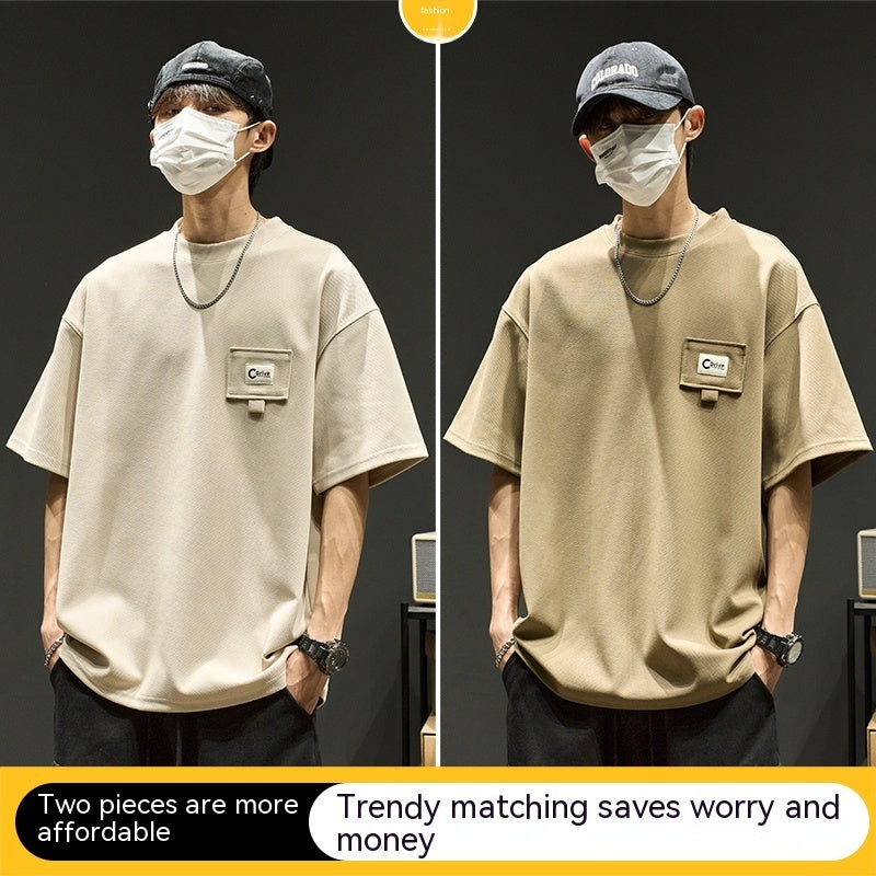 waffle short sleeve men's summer shirt in beige and tan worn by a model, showcasing summer fashion options.